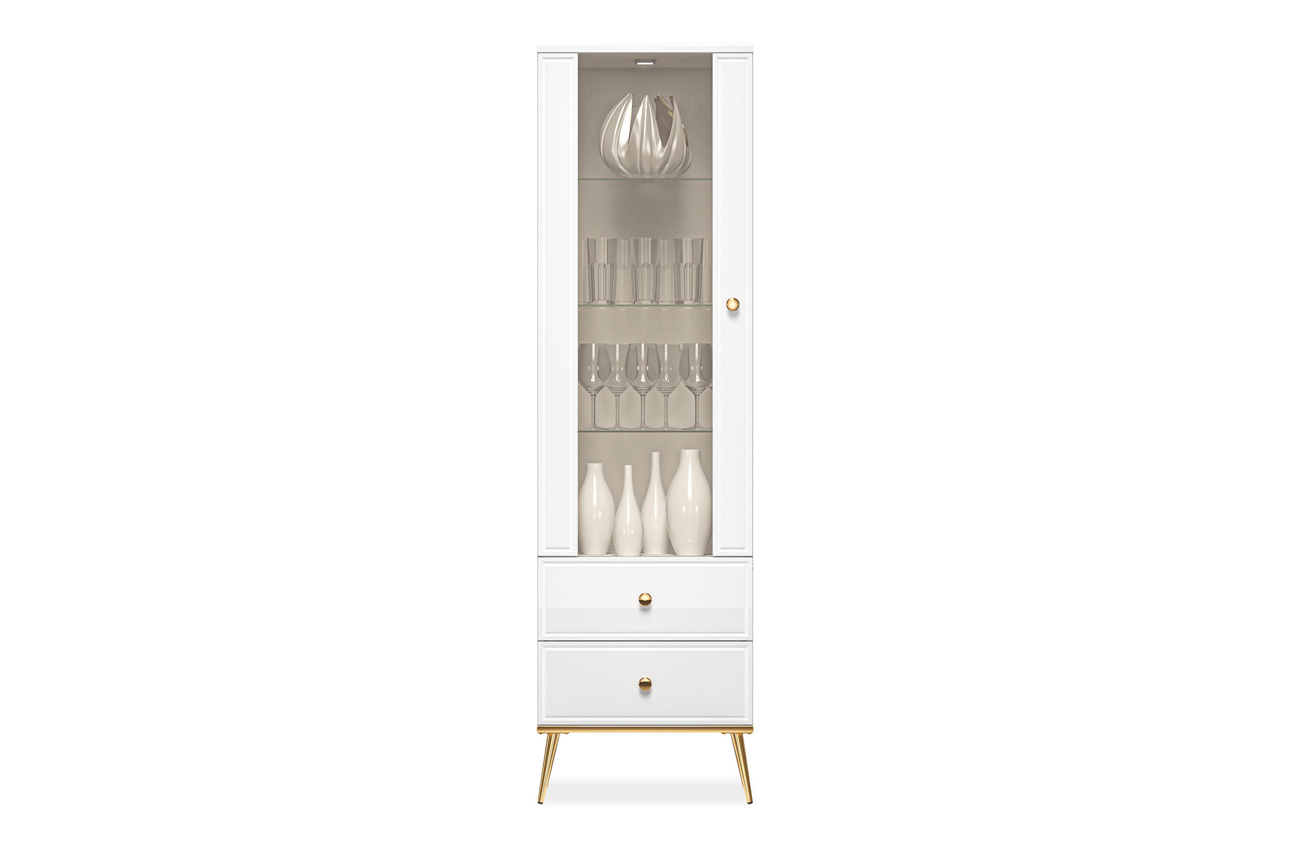 VITRINENSCHRANK ISORIA mit Beleuchtung, Glas Weiß - Goldfarben/Weiß, Holz/Metall (55/190/40cm) - KONSIMO®