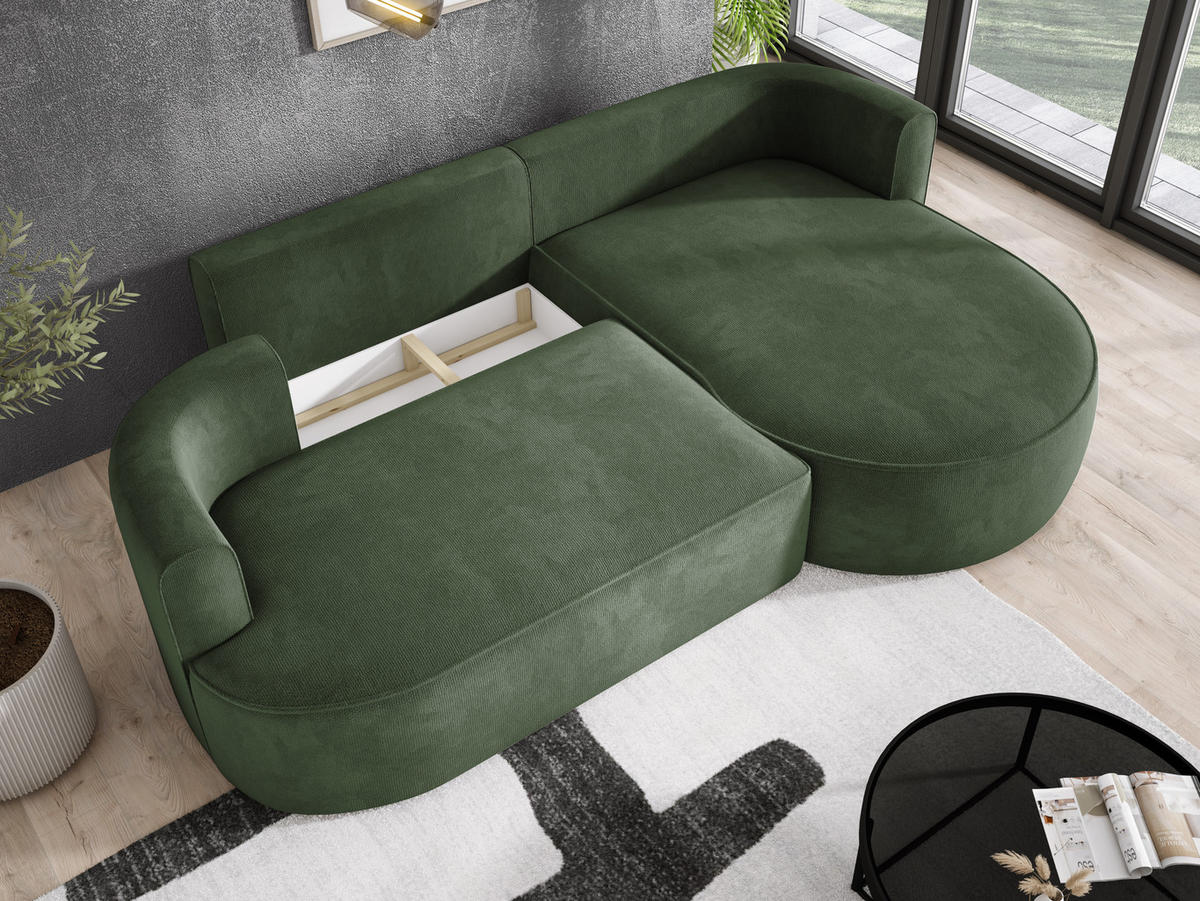 ECKSOFA FIORE-L Moderne Ausziehbare Schlaf-Funktion, automatischer Auffaltung, lose Rückenkissen freistehend RECHTS 284x183x82 cm Forest green - Waldgrün, Holz/Textil (284/183cm) - DomoHome