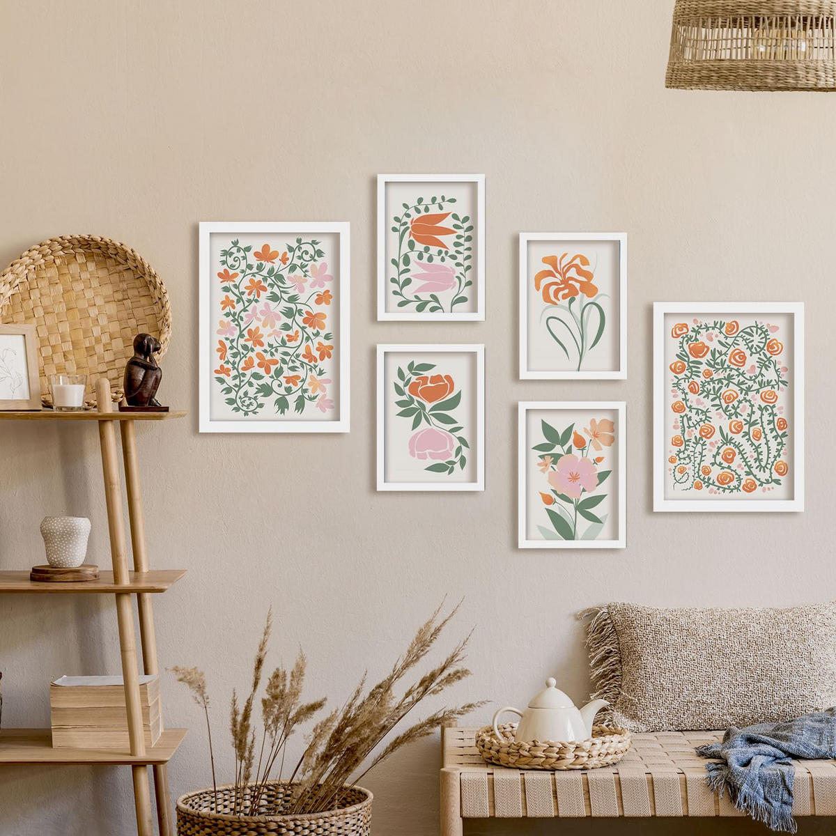 POSTER Set Mit 6 Fustige Blume In Blume Zusammenfassung Ästhetische Dekorative Gemälde Für Ihr Wohnzimmer, Schlafzimmer, Zuhause A3 & A4 Weißer Rahmen - Weiß, Papier (29/3cm) - Nacnic