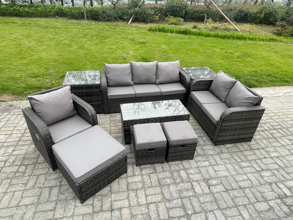 GARTENSOFA SET mit rechteckigem COUCHTISCH Polyrattan 9-Sitzer Dunkelgrau - Dunkelgrau/Grau, Glas/Kunststoff - Fimous