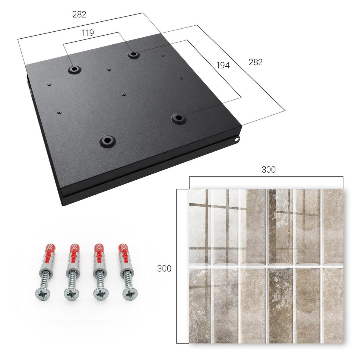 SCHLÜSSELBOX Schwarz 30x30 cm- Türöffnung nach rechts - Elegante Fliesen - Grau, Metall (30/30/5cm) - TULUP