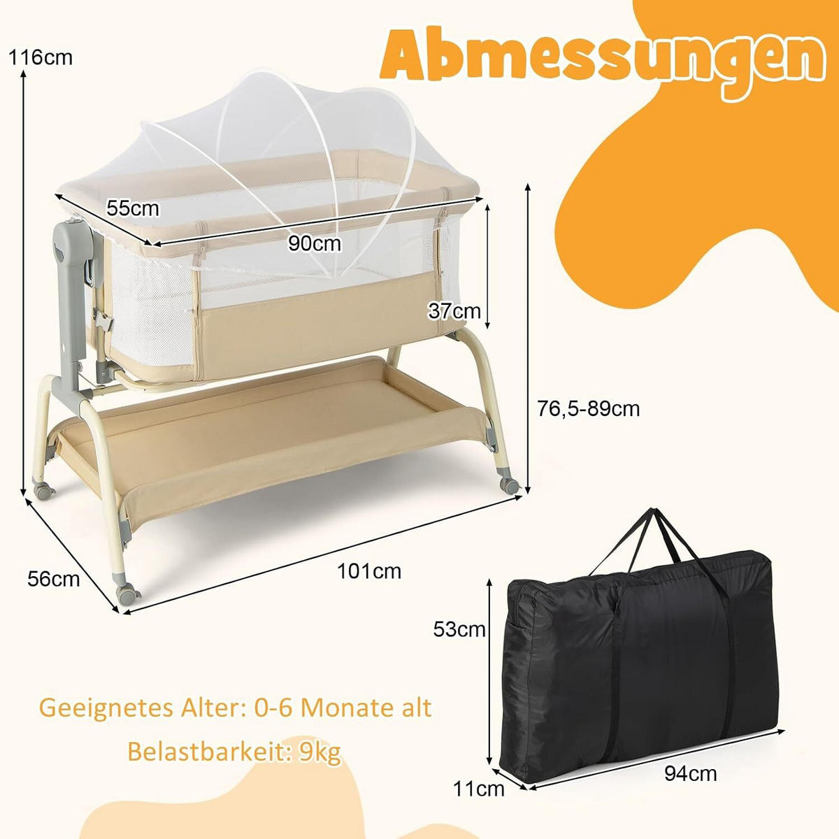 BABYWIEGE faltbar beige - Beige, Textil - COSTWAY