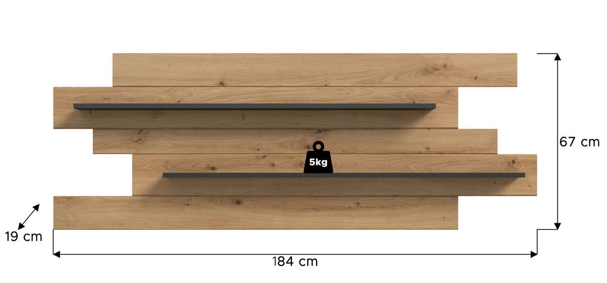 WANDBOARD Nova (B/H/T: ca. 184/67/19 cm) in Basalt grau/Artisan Nachbildung - Grau, Holzwerkstoff (184/67/19cm)
