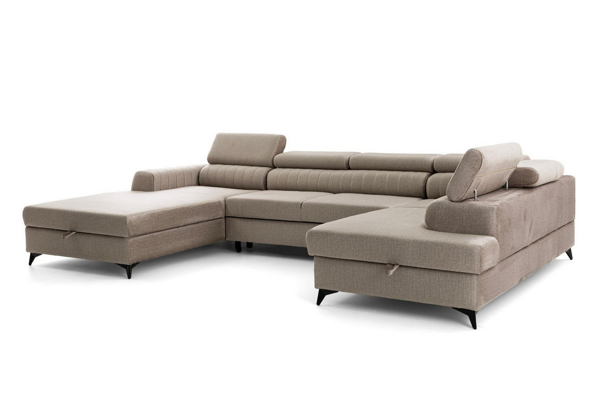 ECKSOFA U-Form PIERO U Rechts mit Schlaffunktion 125x260 Velours Beige - Beige/Schwarz, Holz/Textil (203/90/350cm) - Muffo