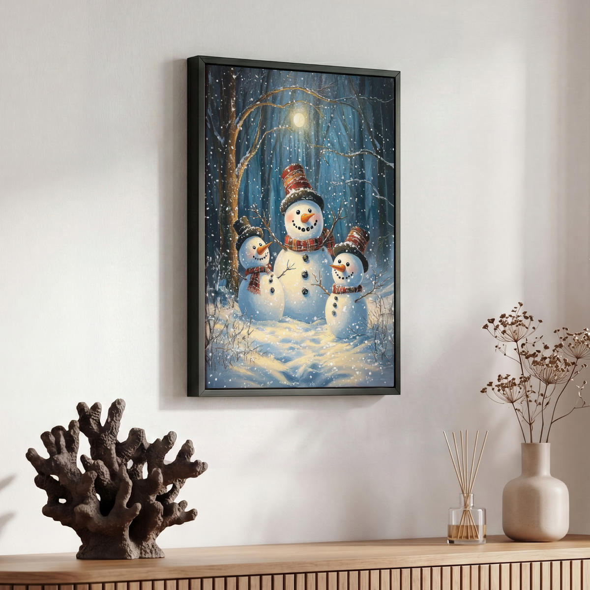 LEINWAND Bilder mit Rahmen - Schneemann - Schnee - Winter - Wald - 30x40 - Hellblau, Textil (30/40cm) - MuchoWow