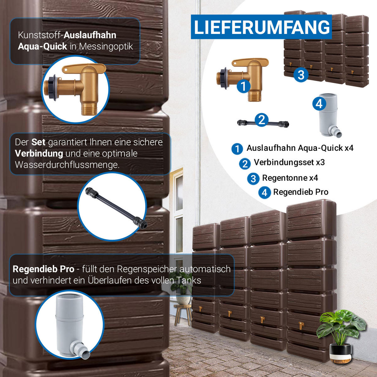 WANDTANK Komplett-Set 1400 L dark 4 x 350 L inkl. Verbindungsset, Kunststoff-Auslaufhahn und Fallrohranschluss - Braun, Kunststoff (270/184/39cm) - 4rain