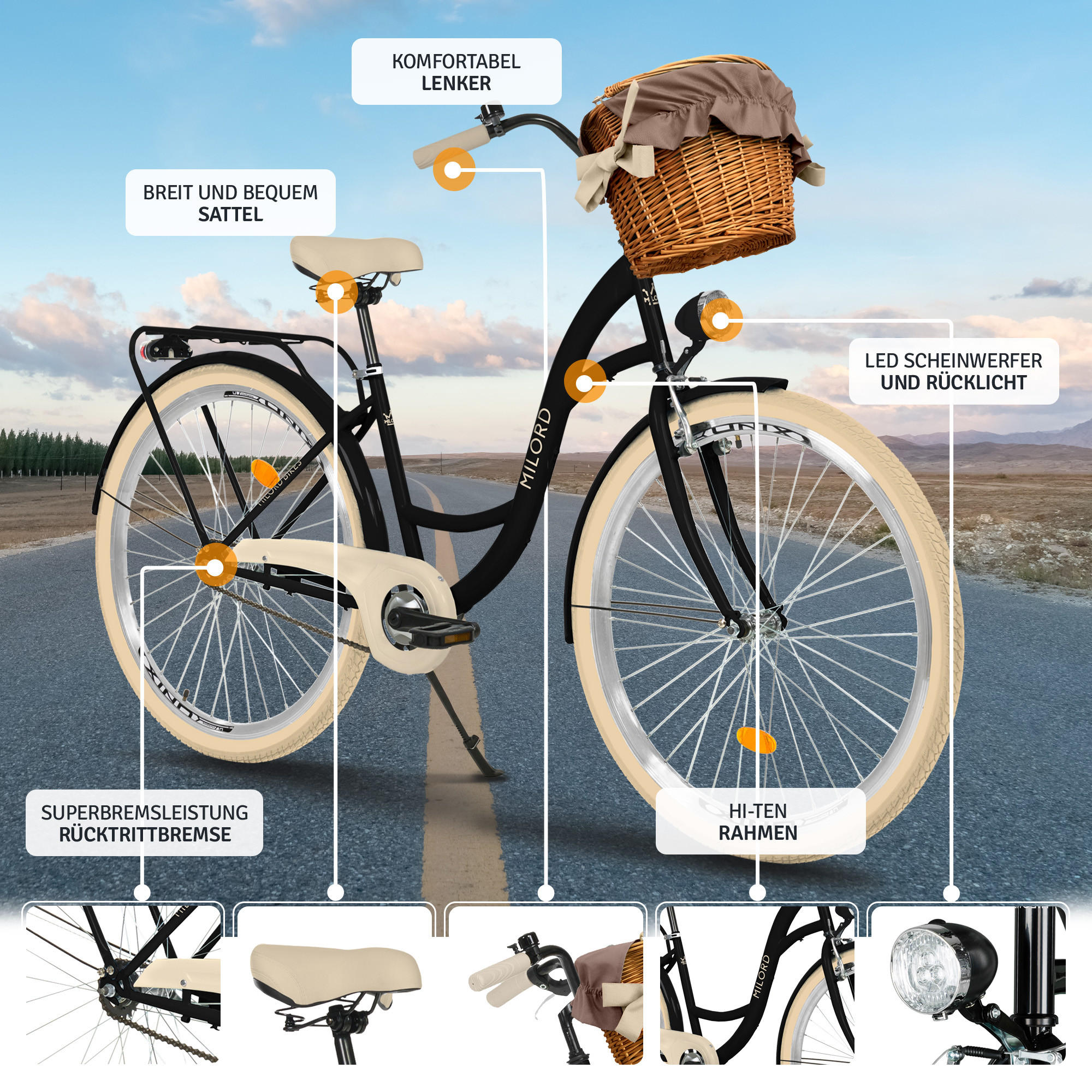 CITY-FAHRRAD Milord mit Weidenkorb, 28 Zoll, Schwarz-Creme, 1-Gang - Creme/Schwarz, Metall (46cm) - Milordbikes