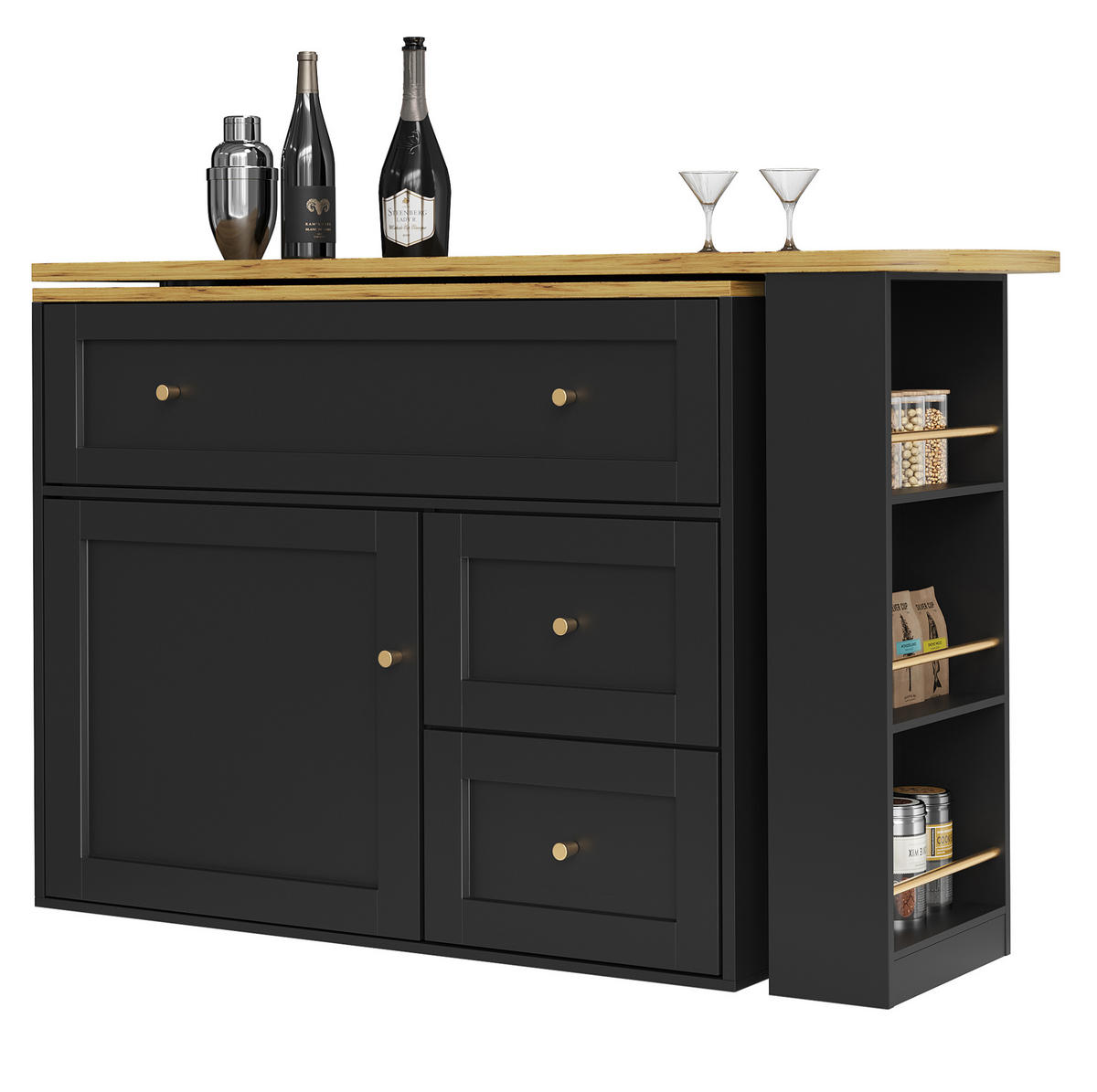 BAROVÝ stůl z MDF a kovu 138-204x39x105 cm černý s úložným prostorem a 360° otočnou deskou - černá, kompozitní dřevo (204/105/39cm) - Modfu