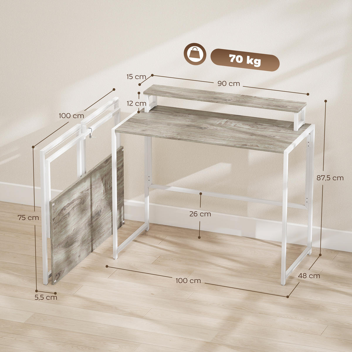 COMPUTERTISCH Natur und Schwarz klappbar mit abnehmbarem Aufsatz 100/48/87,5 cm - Naturfarben, Holzwerkstoff (48/100/87.5cm) - PANGIVO
