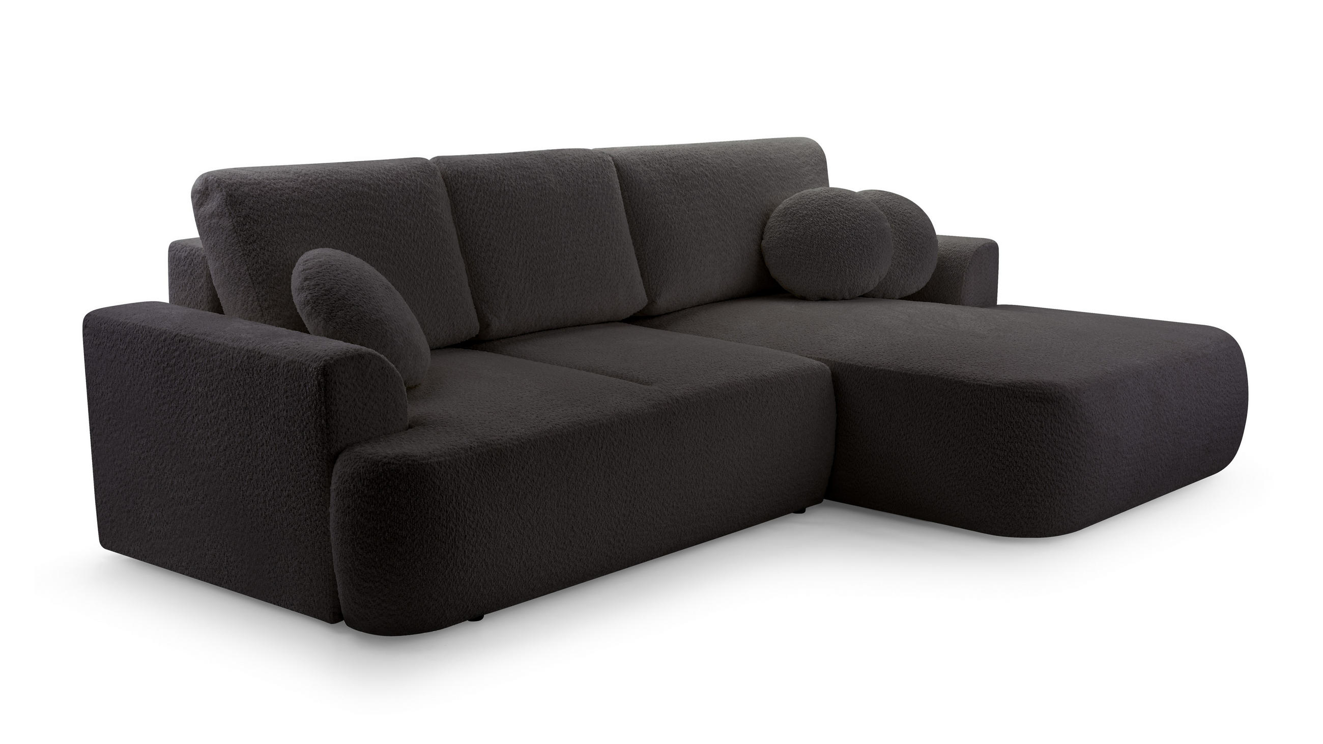ECKSOFA FILO Schwarz Boucle-Stoff mit Schlaffunktion - Schwarz, Holz (260/168cm) - MASSENO