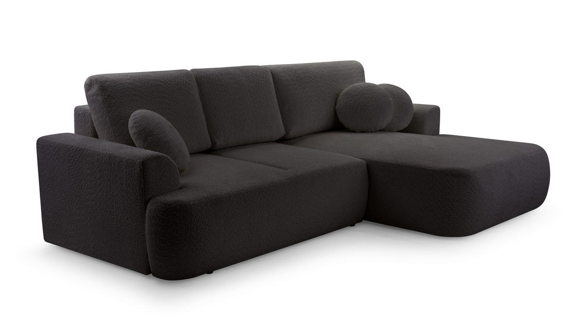 ECKSOFA FILO Schwarz Boucle-Stoff mit Schlaffunktion - Schwarz, Holz (260/168cm) - MASSENO