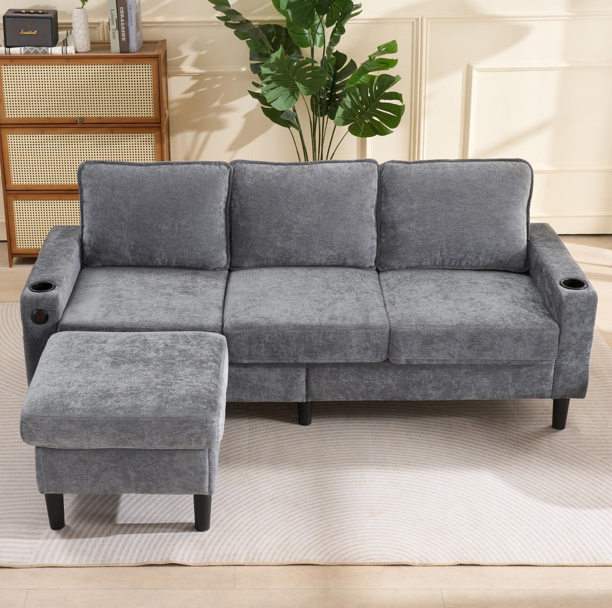 ECKSOFA 202/137/80 cm Grau aus Leinen mit USB und Typ-C - Grau, Textil (137/202cm) - OKMYHOME