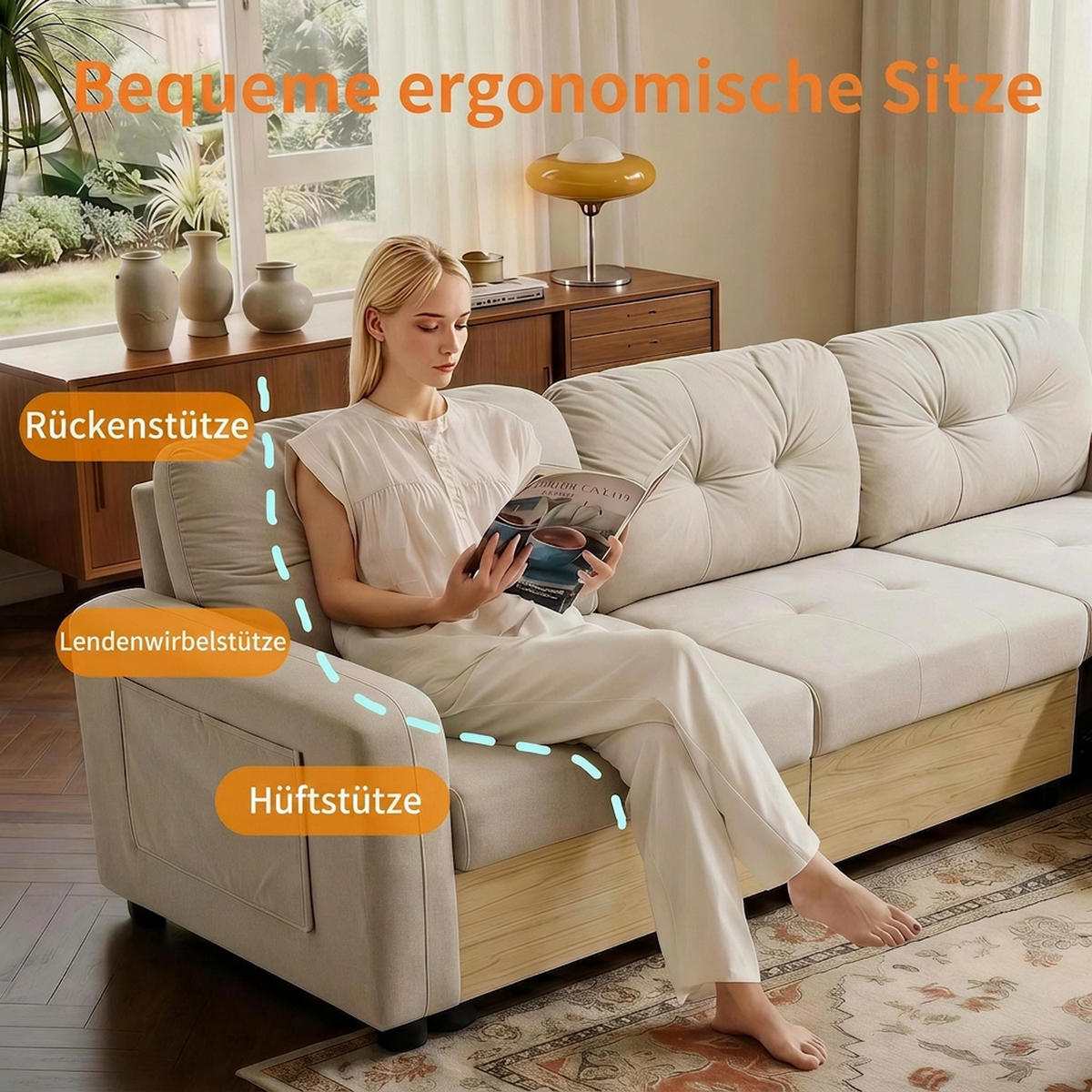 ECKSOFA 228/115/78 cm Beige mit Ausziehbarer Fußhocker, USB-Anschluss und Aufbewahrungstasche - Beige, Textil (228/80cm) - Oxeza