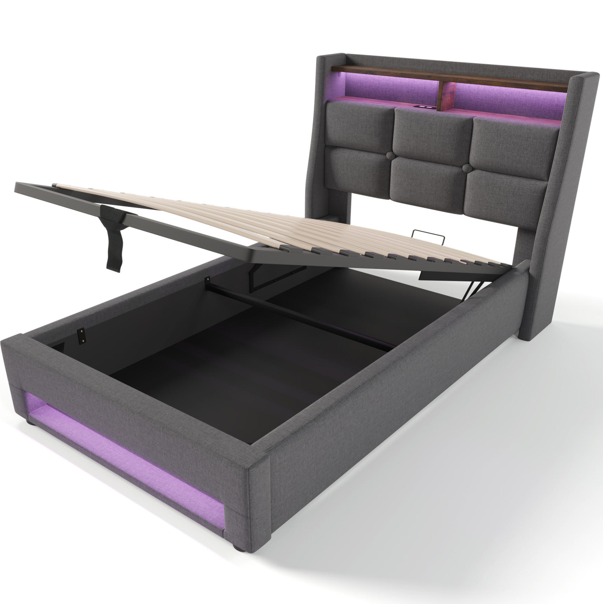 POLSTERBETT 90/200 cm Grau aus Leinen mit LED und USB - Grau, Textil (90/200cm) - OKMYHOME