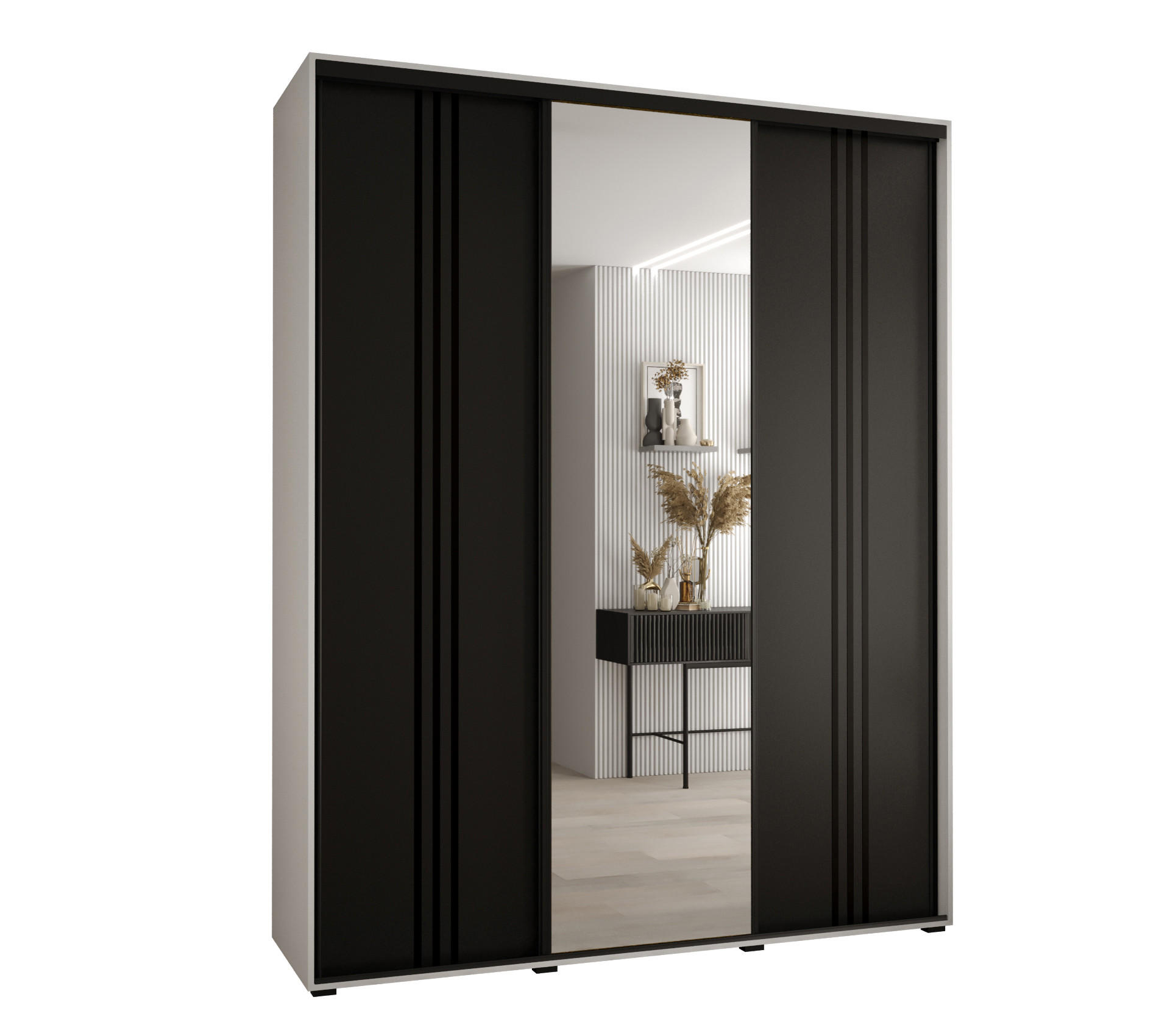 Abiks Möbel Schwebetürenschrank Weiß, Schwarz, Schwarz 190x235x60 cm