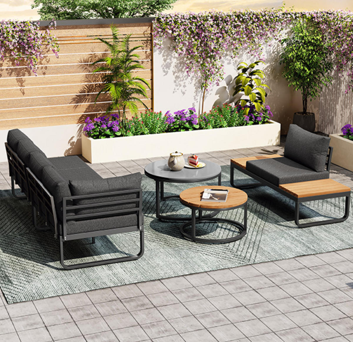 GARTENMÖBEL,4-5 Sitzplätze,2 stapelbare Couchtische,grau - Grau, Metall - Vallsero