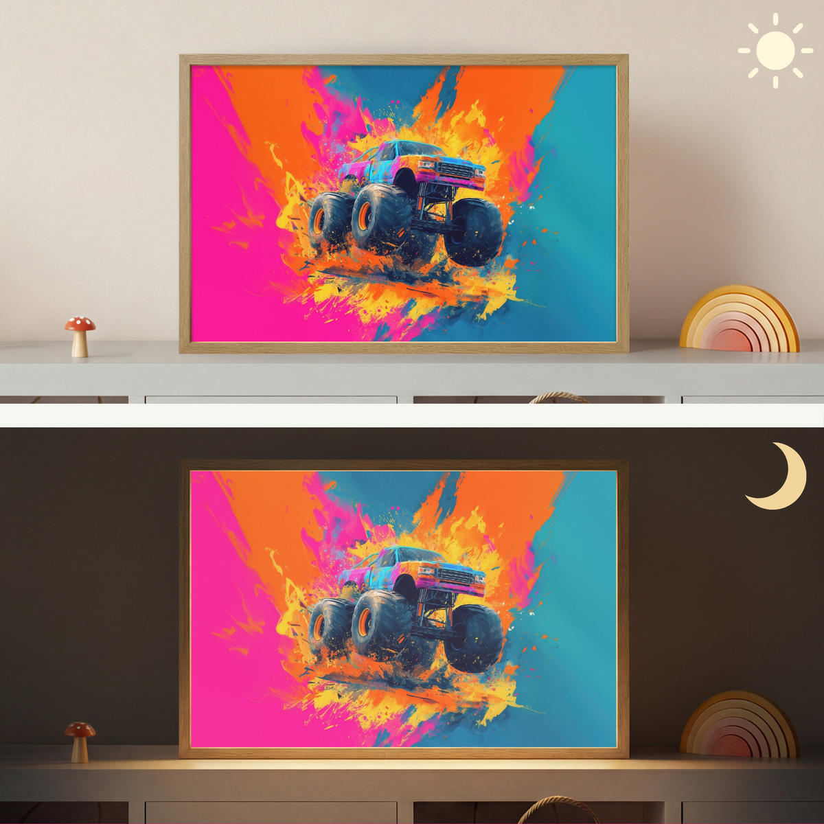 NÁSTĚNNÁ LAMPA S AKUMULÁTOREM Monster truck - Abstraktní - Stříkající barva - Barevné 60x40 cm - růžová, kompozitní dřevo (60/40/8cm) - OnlyWow