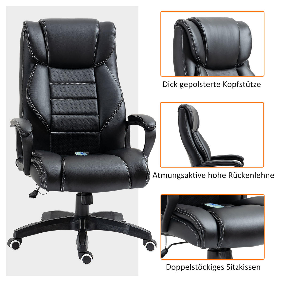 BÜROSTUHL mit Massage, Schwarz - Schwarz, Leder (78/120/66cm) - Vinsetto