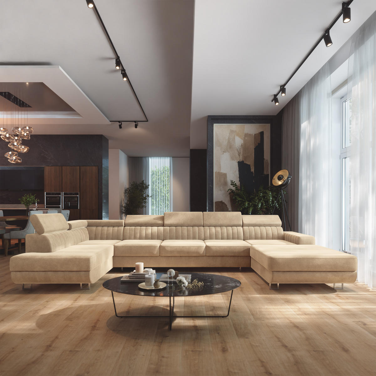 WOHNLANDSCHAFT GAIAN Creme Velours-Stoff mit Schlaffunktion - Creme, Holz (412/88/190cm) - MASSENO
