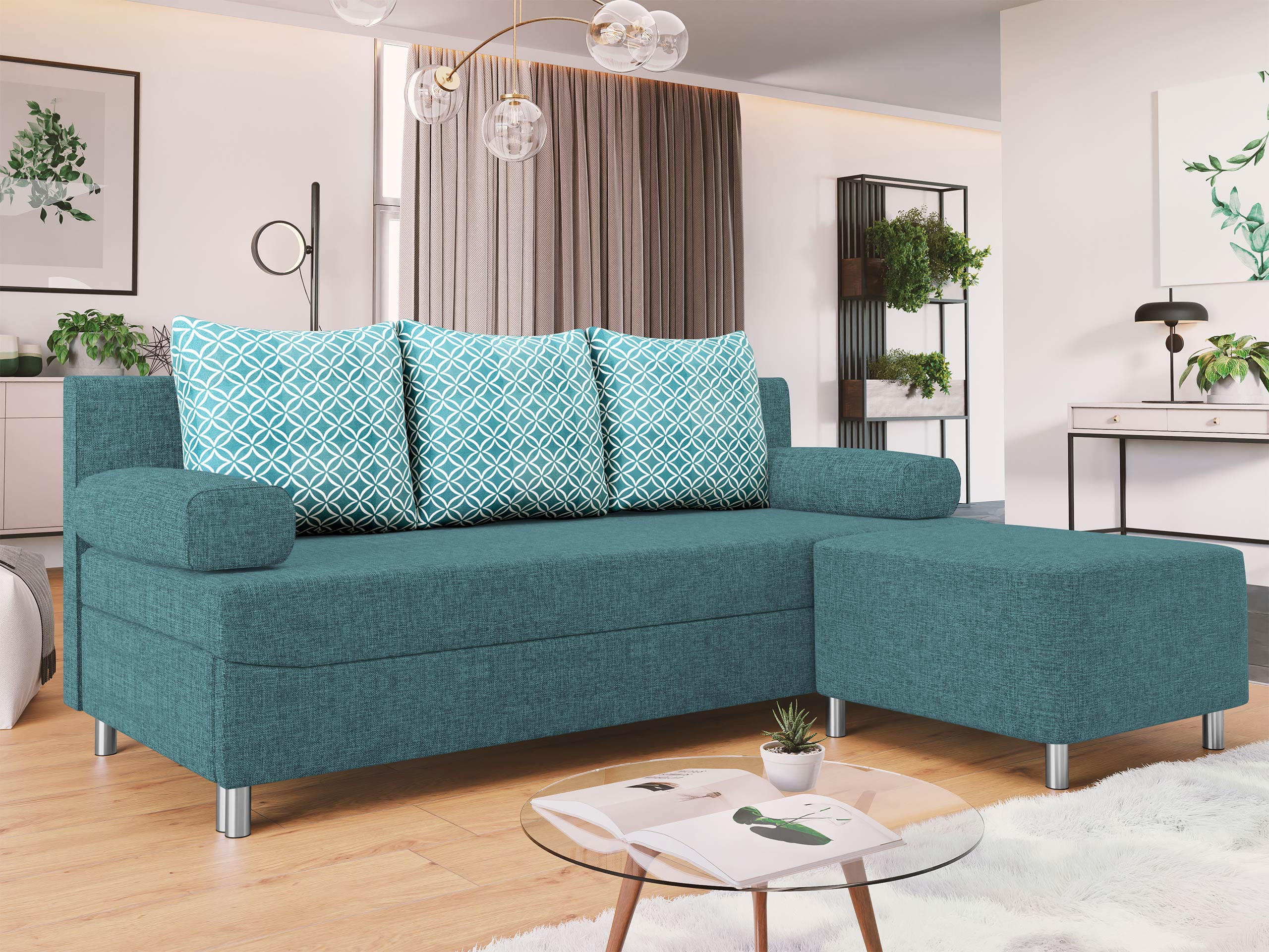 SCHLAFSOFA Dover mit Polsterhocker - Türkis/Chromfarben, Holz/Kunststoff (192/80cm) - MIRJAN24