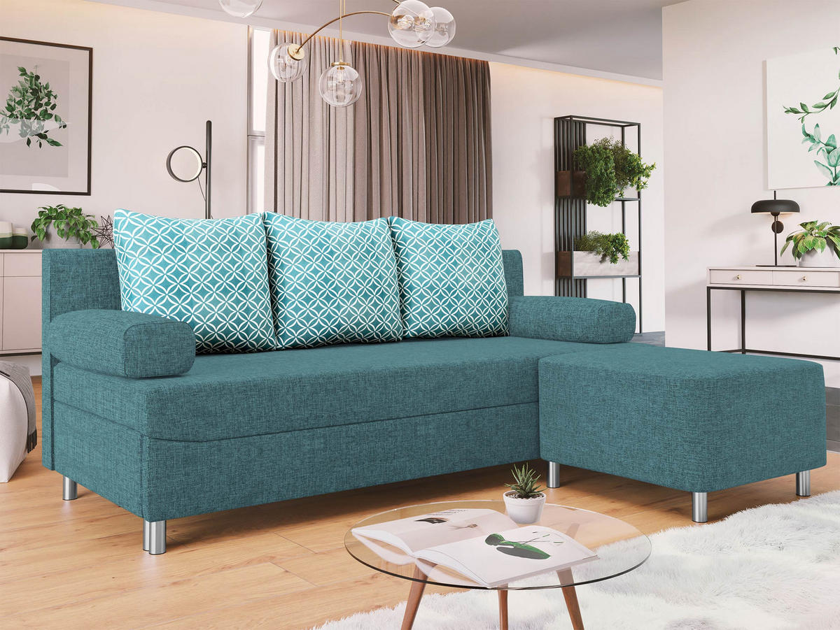 SCHLAFSOFA Dover mit Polsterhocker - Türkis/Chromfarben, Holz/Kunststoff (192/80cm) - MIRJAN24