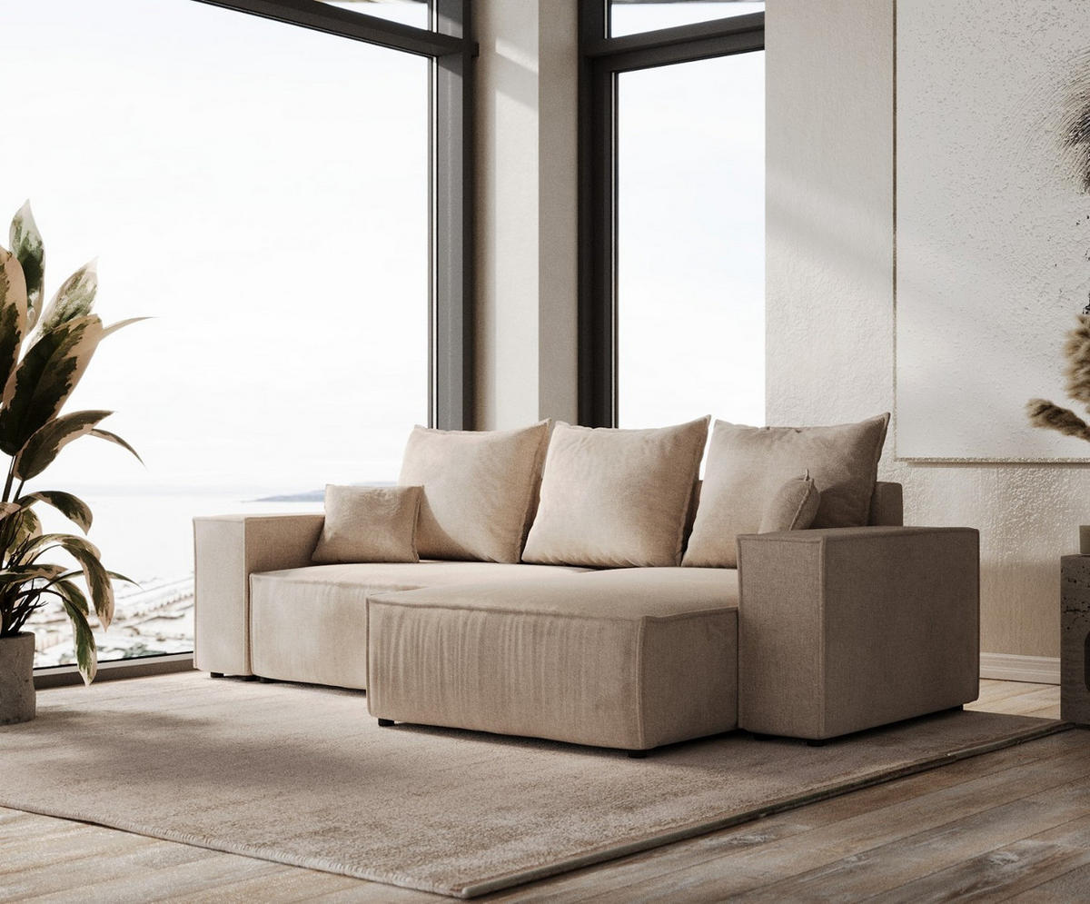 ECKSOFA SENSO mit Schlaffunktion Beige im Wind Stoff - Beige/Schwarz, Holz/Holzwerkstoff (255/148cm) - AltaBeds