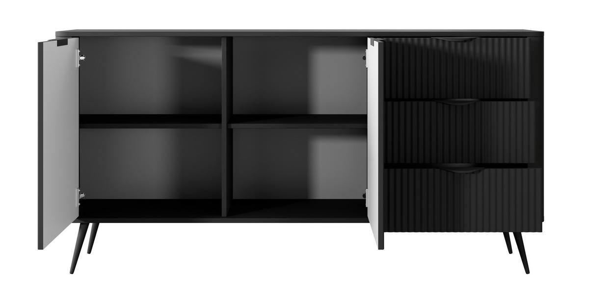 KOMMODE 2 Türen Brando 163 cm, 3 Schubladen, Schwarz - Schwarz, Holz/Metall (163/81/38cm) - Emporius