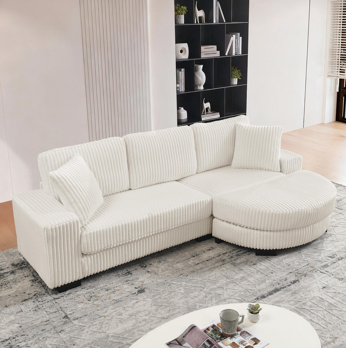 ECKSOFA 256,5/133,5/89 cm beige aus Schaumstoff mit Wechselhocker - Beige, Kunststoff (133.5/256.5cm) - OKWISH