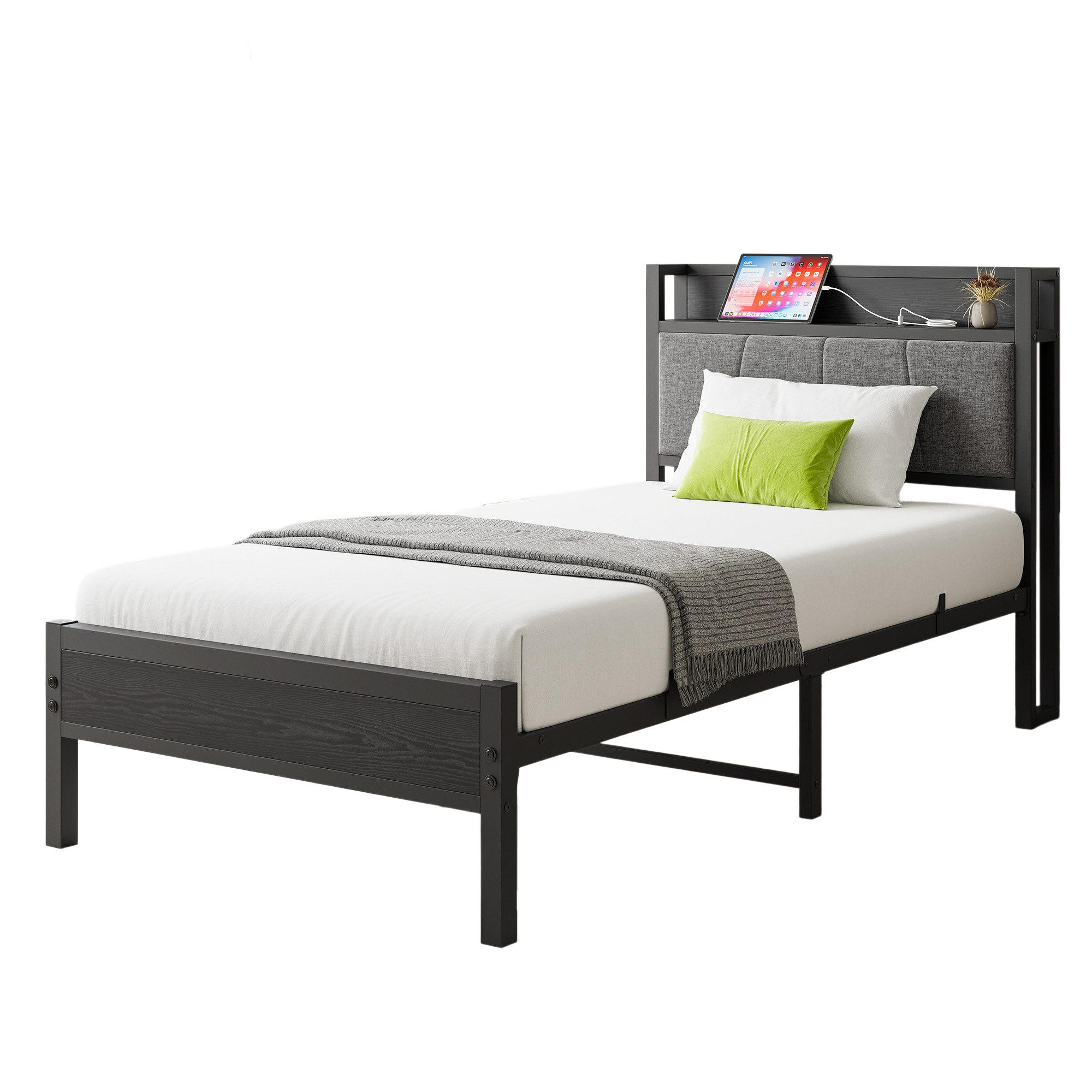 METALLBETT 90/200 cm Schwarz mit Stauraum-Kopfteil mit 2 USB-Ladeanschlüssen - Schwarz, Metall (90/200cm) - OKWISH