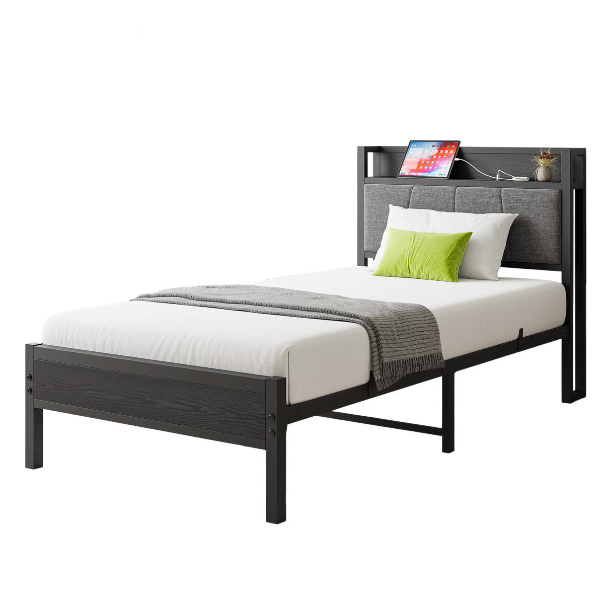 METALLBETT 90/200 cm Schwarz mit Stauraum-Kopfteil mit 2 USB-Ladeanschlüssen - Schwarz, Metall (90/200cm) - OKWISH