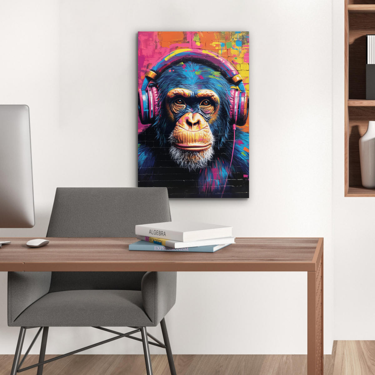 METALLBILD Graffiti - Schimpanse - Straßenkunst - Kopfhörer - Affe 40x60 cm - Blau, Metall (40/60cm) - MuchoWow