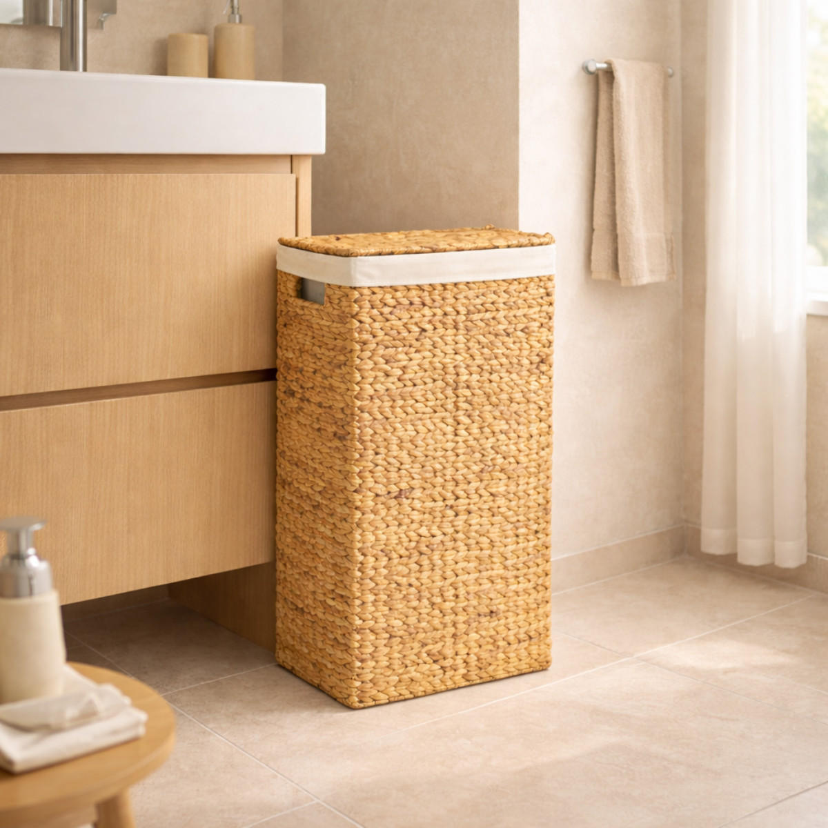 WÄSCHEKORB mit Deckel aus Wasserhyazinthe 45/60/21 cm - Beige, Naturmaterialen (45/60/47cm) - Calicosy