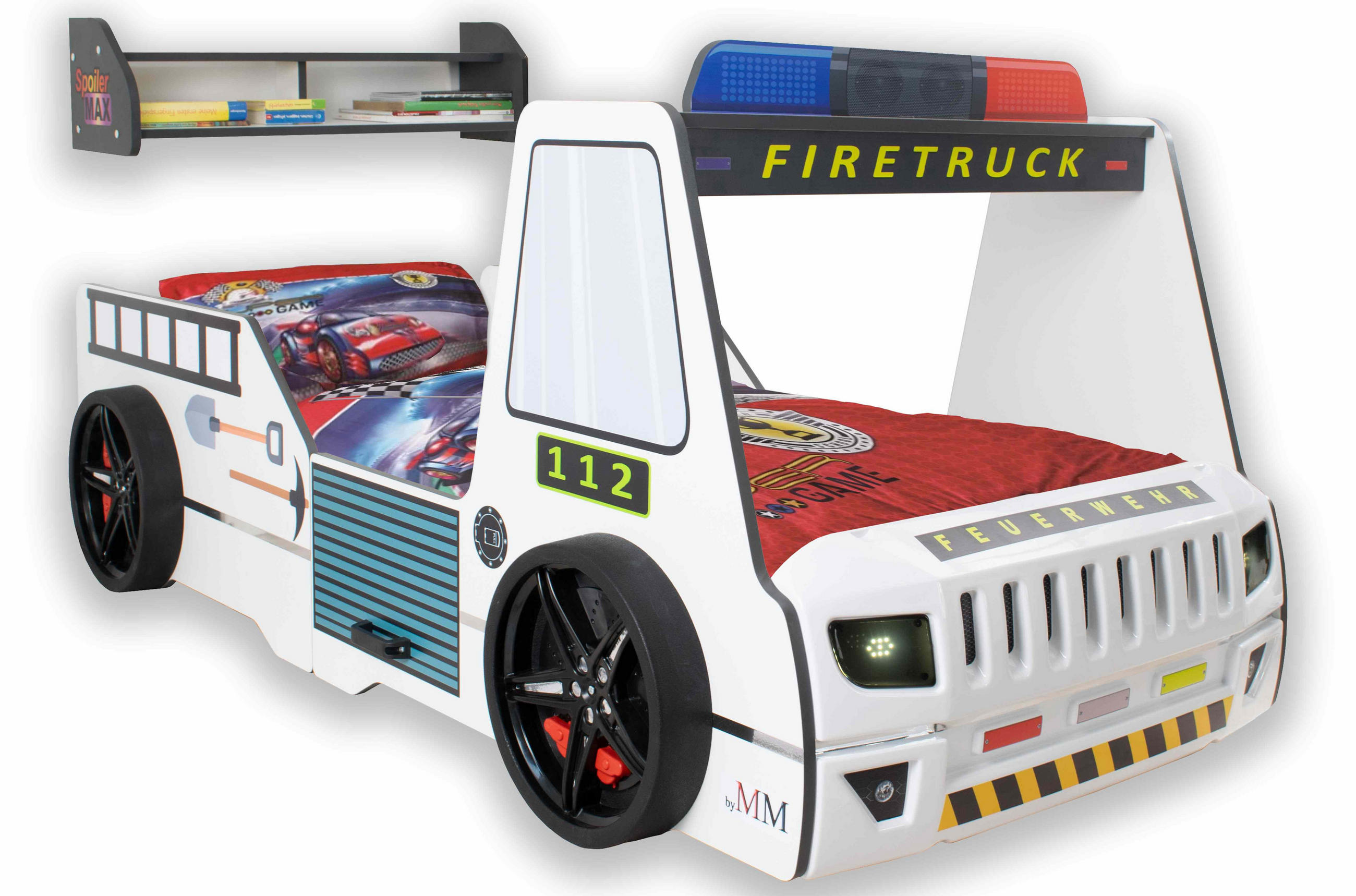 AUTOBETT Firetruck für Kinder 90x200 mit LED Leuchte und Lattenrost - Weiß, Holzwerkstoff (90/200cm) - Aileenstore