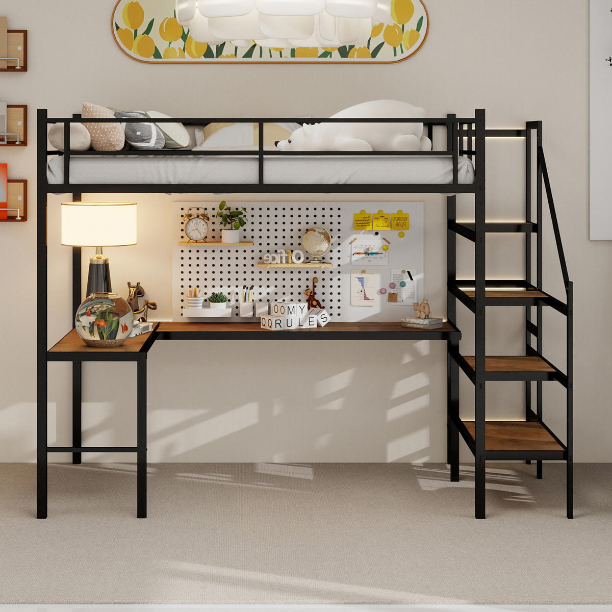 HOCHBETT mit L-förmigem Schreibtisch, Treppe und Stauraum, Metall, Schwarz - Schwarz, Metall (90/190cm) - MIVRAY