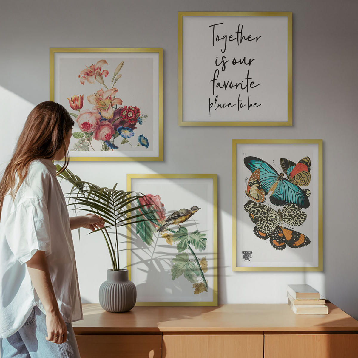BILDER SET 4er Set - 50x50 cm & 40x60 cm Goldrahmen - Blumen, Schmetterlinge, Vögel, Pastellfarben - Goldfarben, Kunststoff (50/50cm) - TULUP