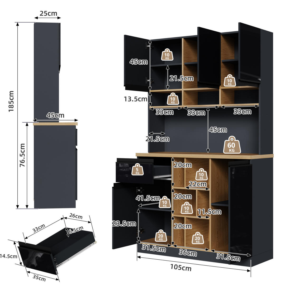 BUFFET aus MDF 105x45x185 cm Anthrazit/Schwarz/Natur mit verstellbaren Einlegeböden, Schublade und Kippschutz - Schwarz, Holzwerkstoff (105/185/45cm) - Modfu