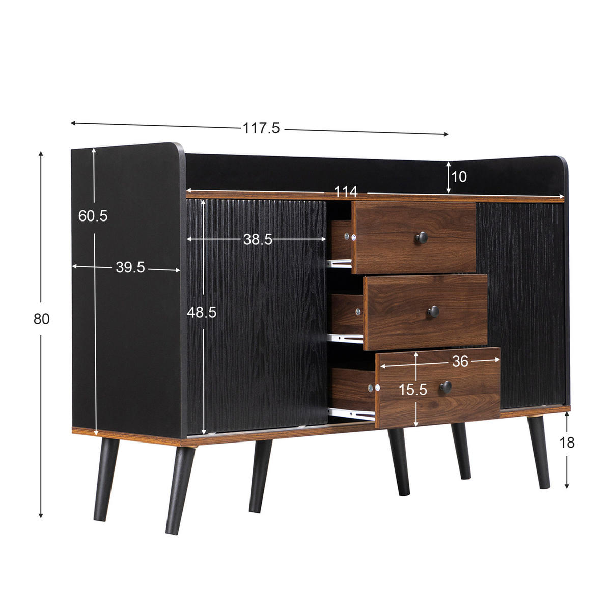 KOMODA 117,5/40/80 cm crna i boja drva od MDF-a i iverice s kliznim vratima i 3 ladice - crna, drvni materijal (117/80/40cm) - OKWISH