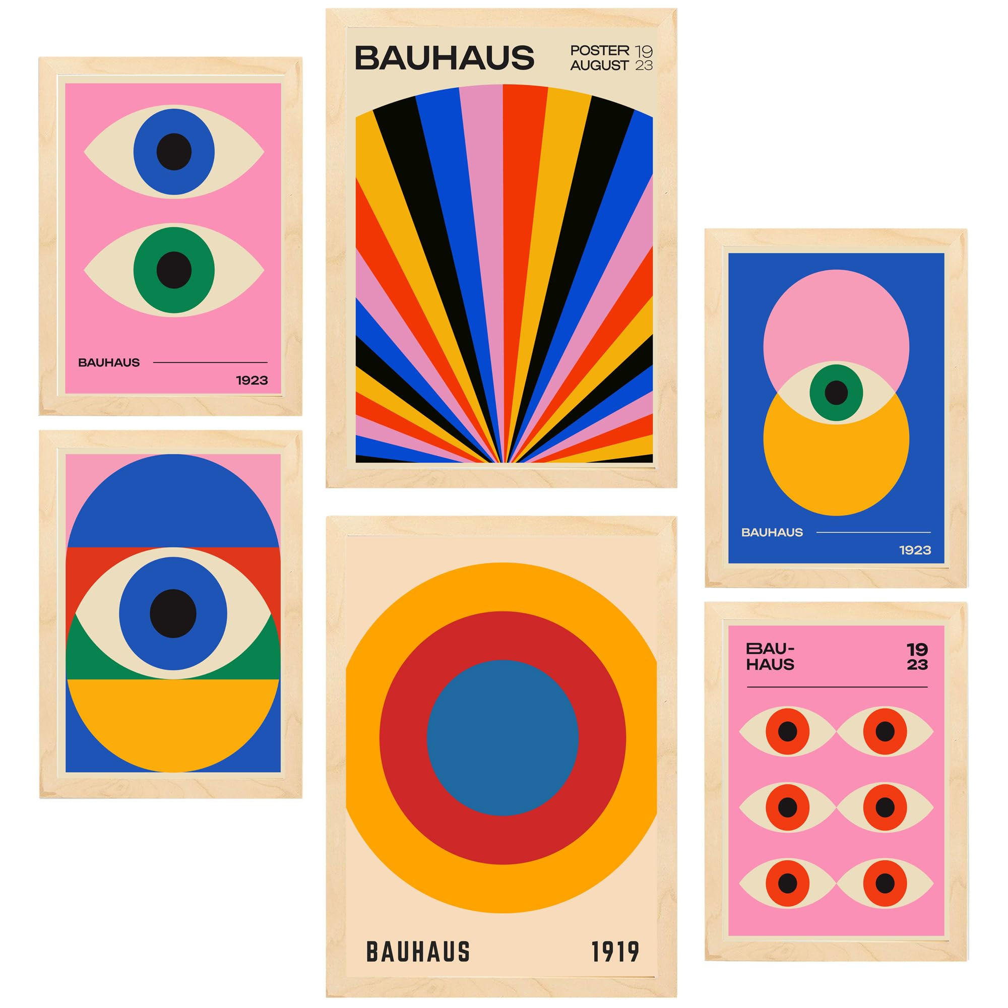 POSTER Set Mit 6 Geometrische Bauhaus Formen & Augen A3 & A4 Rahmen Aus Hellem Holz - Beige, Papier (29/3cm) - Nacnic