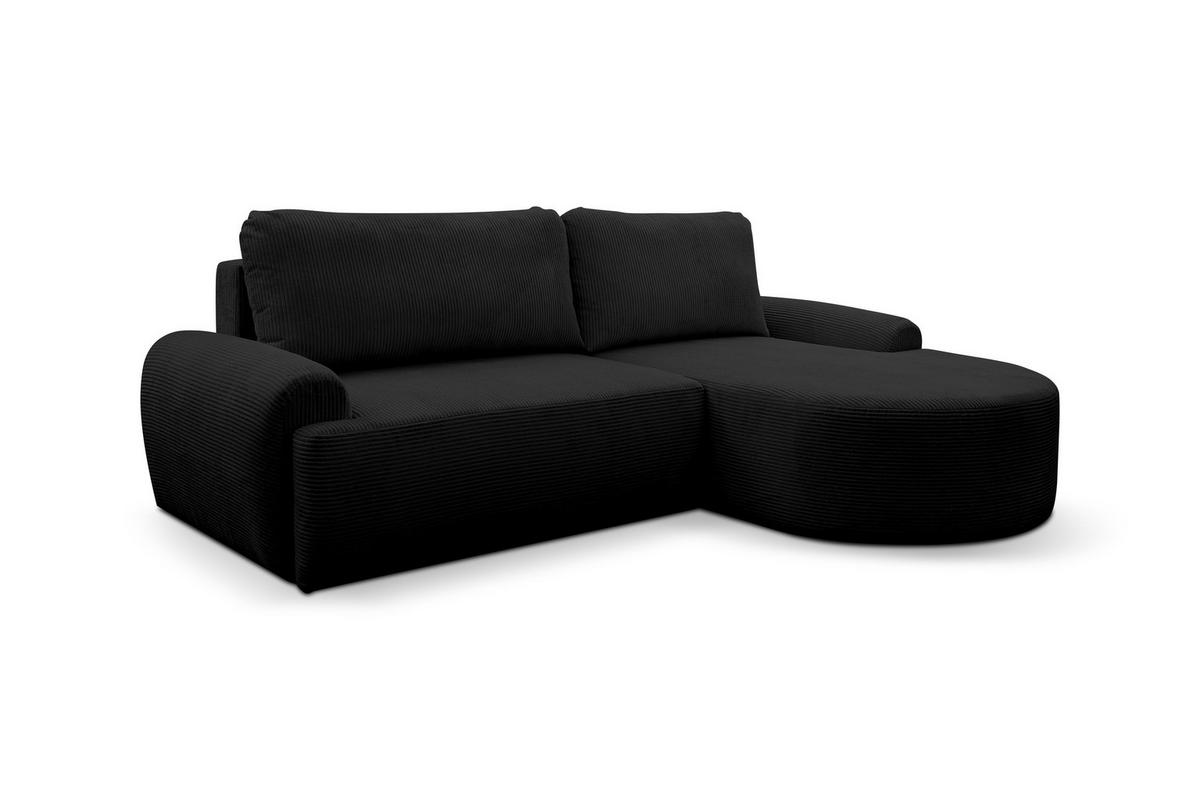 ECKSOFA Dream Cord in L-Form mit Schlaffunktion und Bettkasten, Farbe: Schwarz, Cordstoff, Ottomane Rechts - Schwarz, Textil (260/136cm) - VENASI MÖBEL