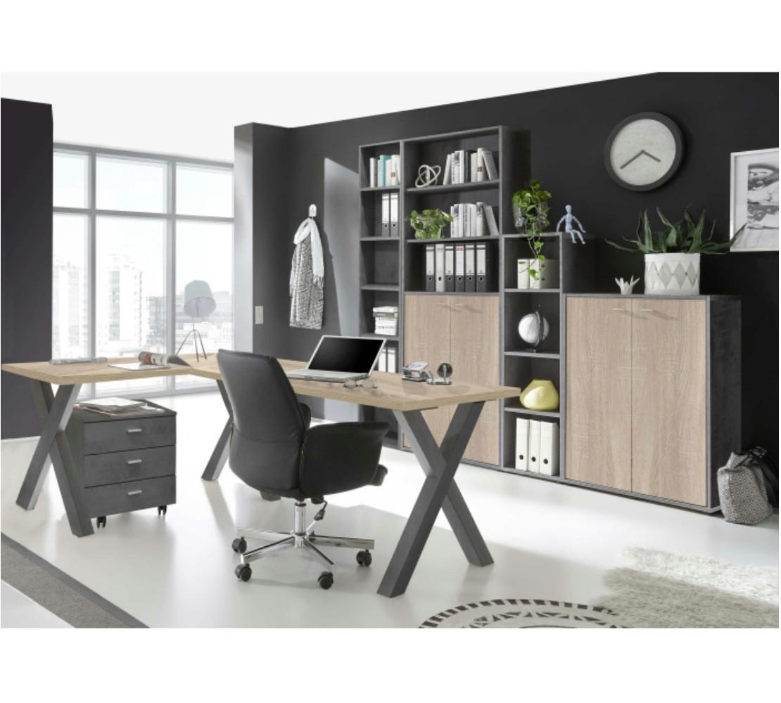 BÜROMÖBEL Mister Office in Graphit und Eiche Sägerau 6 teilig - Grau, Holzwerkstoff (120/80/200cm)