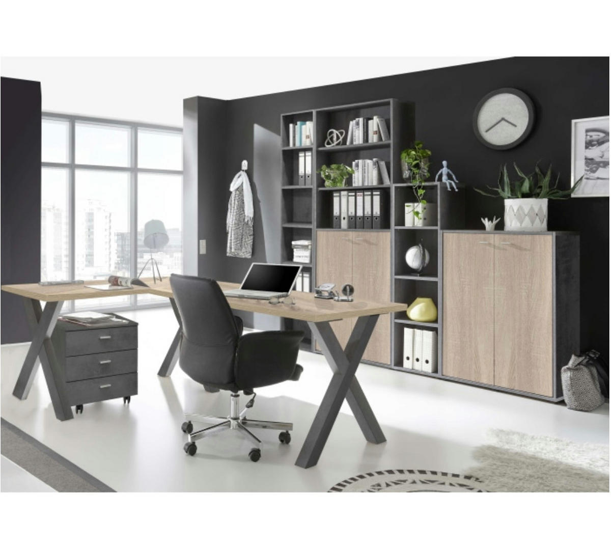 BÜROMÖBEL Mister Office in Graphit und Eiche Sägerau 6 teilig - Grau, Holzwerkstoff (120/80/200cm)