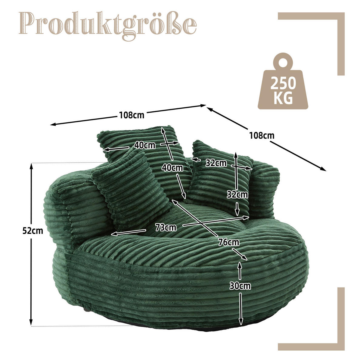SITZSACK Cord Smaragdgrün mit Kissen - Jadegrün, Textil (108/52/108cm) - WISHDOR