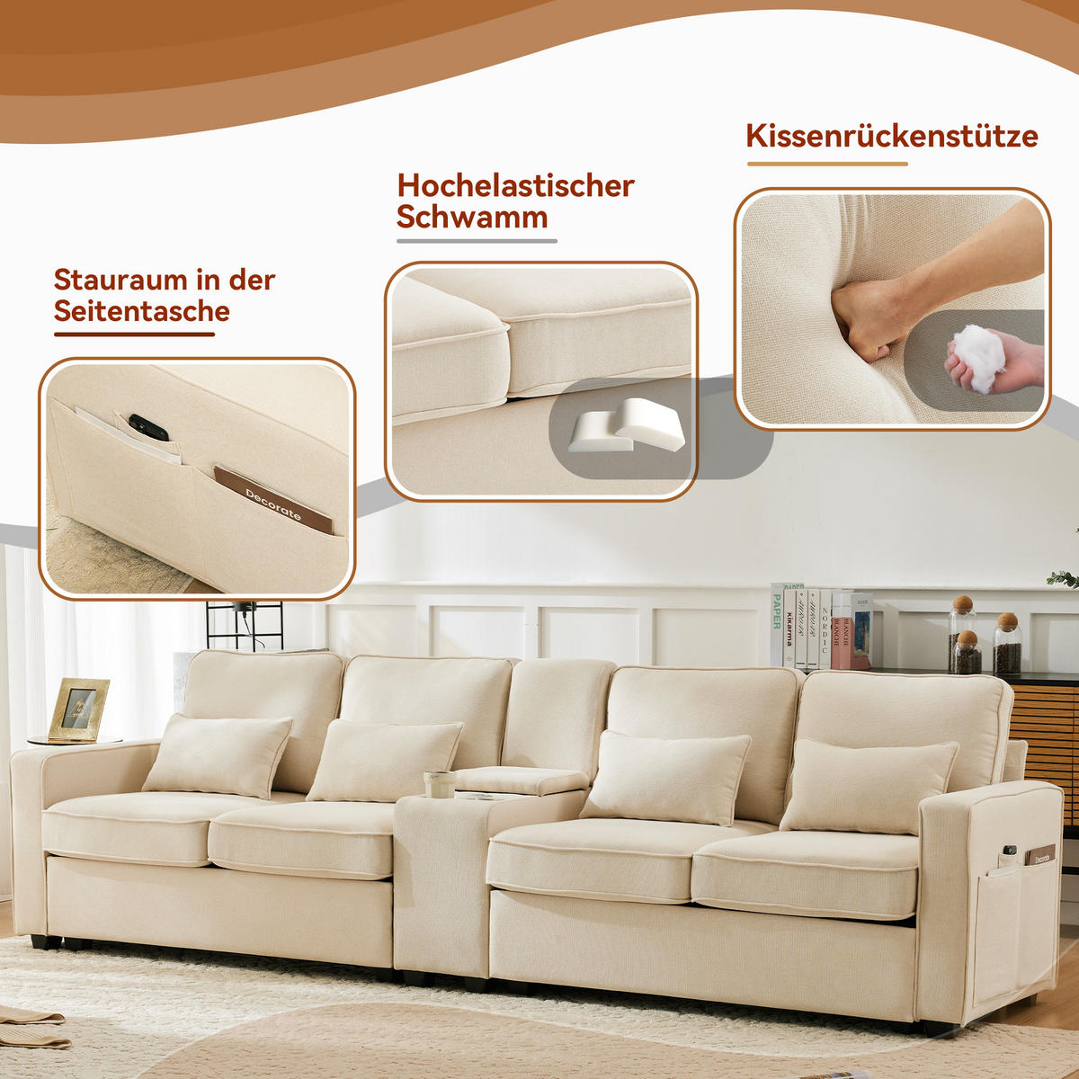 4-SITZER Sofa Leinenstoff mit Konsole USB-Anschluss und 2 Getränkehaltern 290/83/88 cm Beige - Beige, Textil (88/290/83cm) - Redom