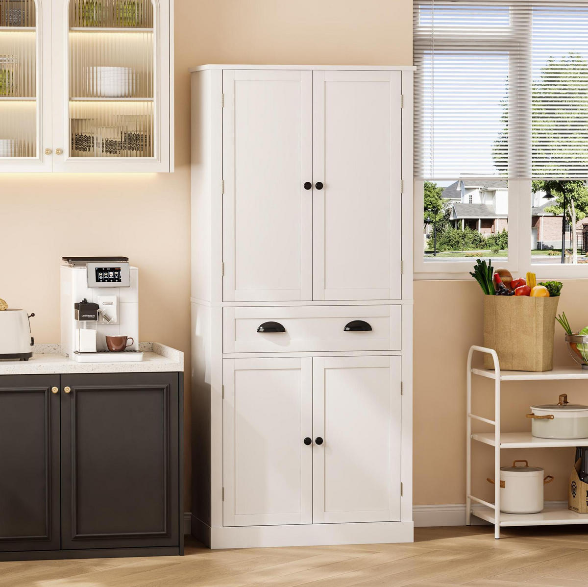 BUFFETSCHRANK, Vorratsschrank mit 4 Türen & 1 Schublade, 4 verstellbare Einlegeböden, Holzwerkstoff, 80/40/182 cm, Weiß - Weiß, Holzwerkstoff (80/182/40cm) - Modfu