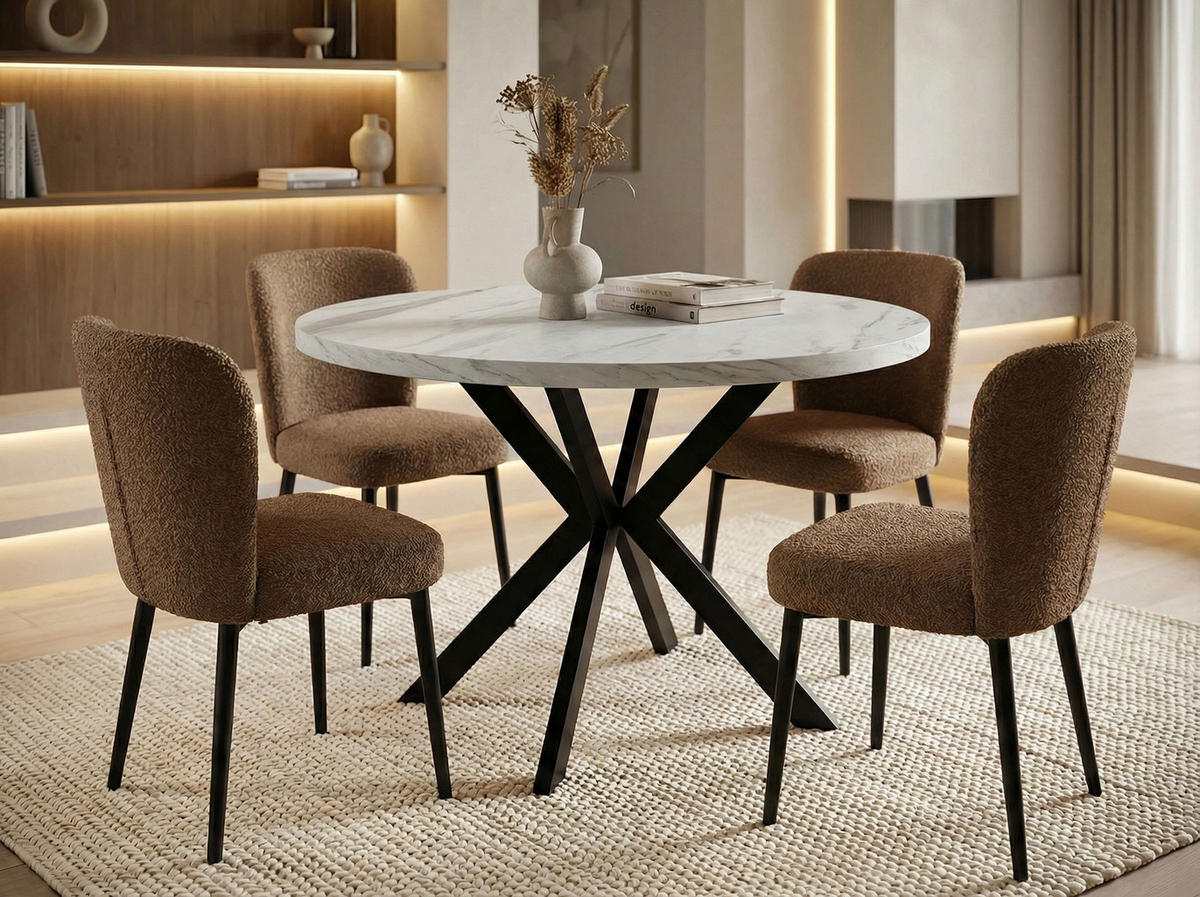 ESSTISCH Valeo runder ausziehbarer, Marmor Weiß 120-200/120/76 cm - Ecru/Schwarz, Holzwerkstoff/Metall (120/120/76cm) - WFL GROUP