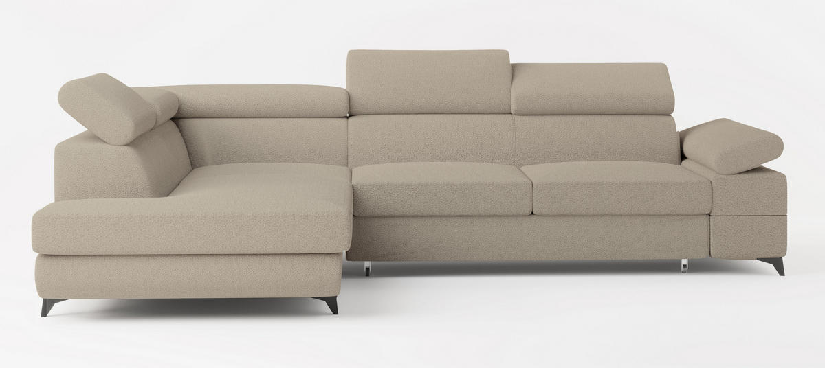 ECKSOFA FAVIEN L-S Beige Boucle-Stoff mit Schlaffunktion - Beige, Holz (257/190cm) - MASSENO