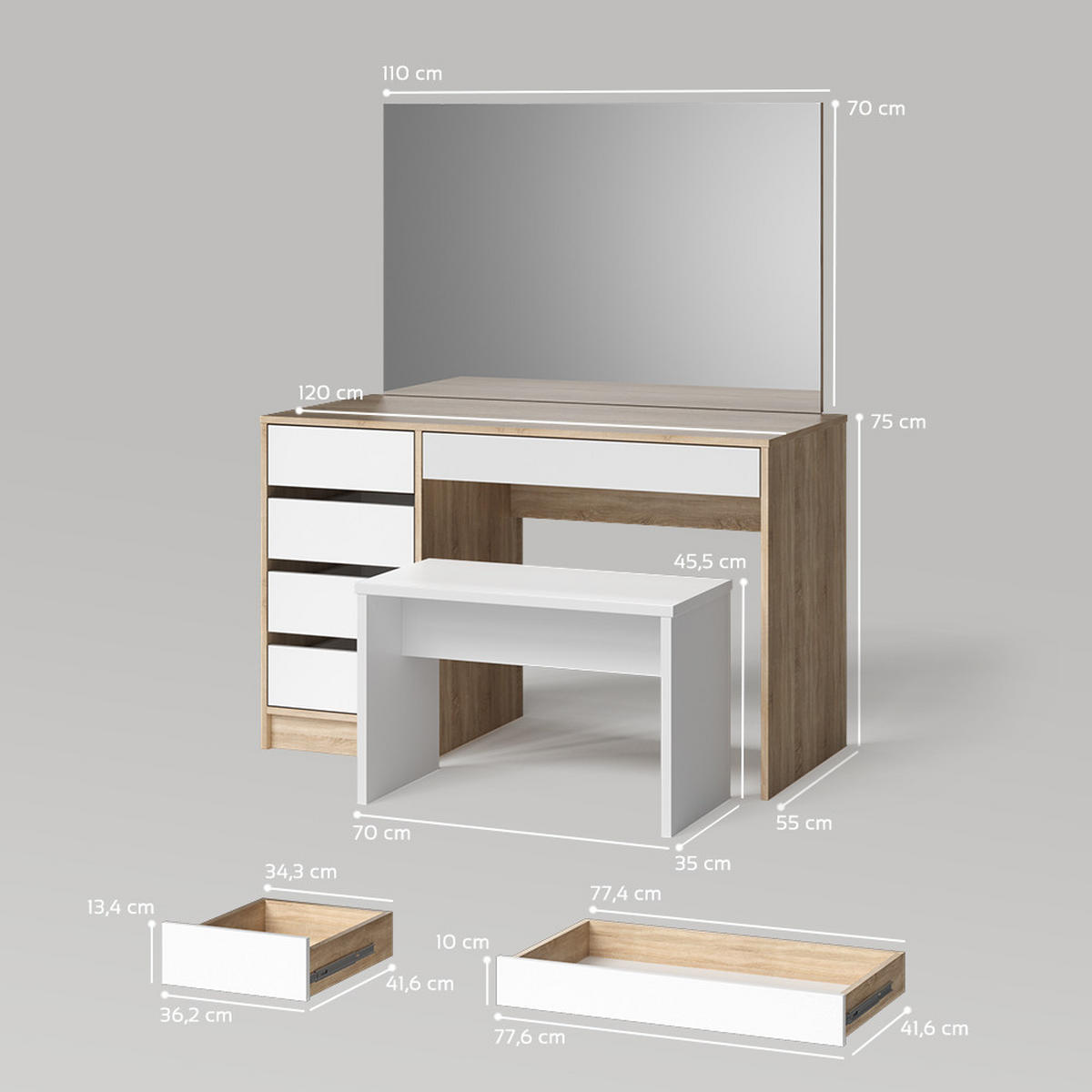 SCHMINKTISCH Imola Weiß/Sonoma 120 cm mit Bank - Weiß/Sonoma Eiche, Holzwerkstoff (120/75/55cm) - Livinity®