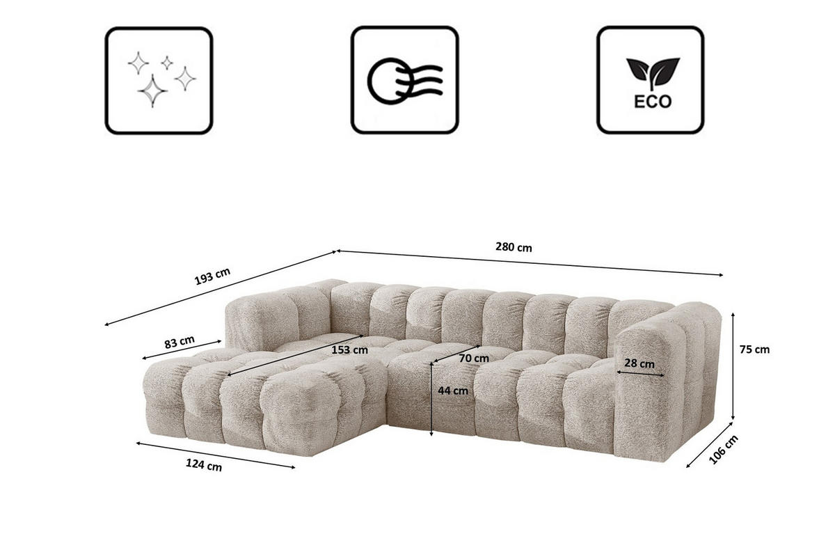 ECKSOFA L-form BALOO L, Chenille-Stoff Arena, Ecru, Links - Ecru, Holz (280/193cm) - Kaiser Möbel