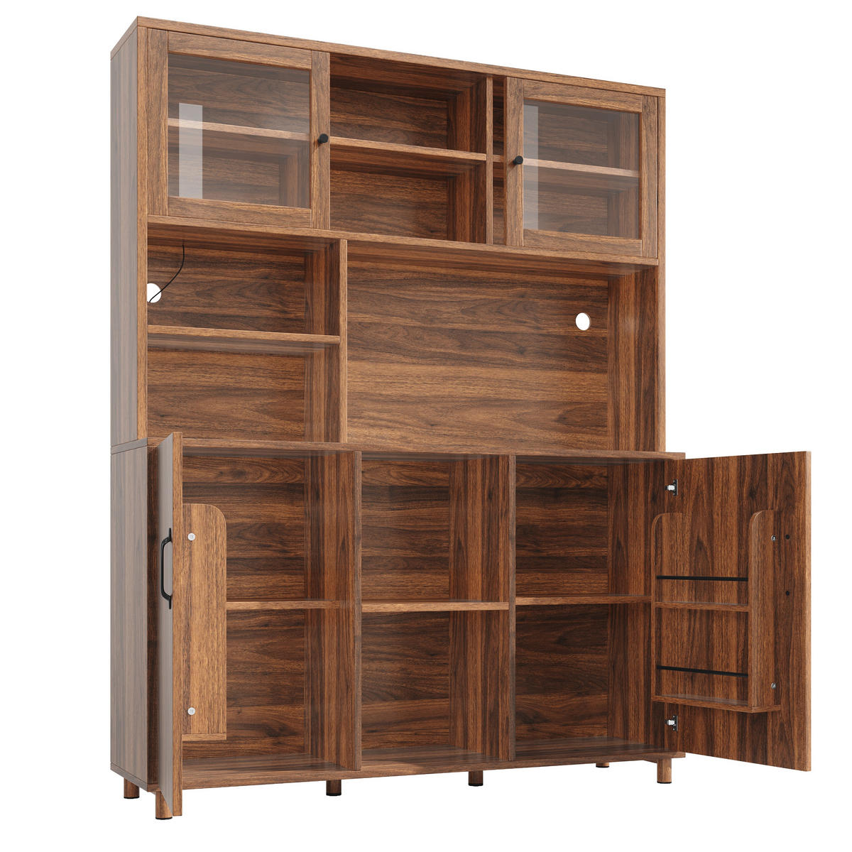 HIGHBOARD Holzoptik Walnuss mit LED & Glastüren - Walnussfarben, Glas/Holzwerkstoff (120/185/40cm) - Urban Meuble