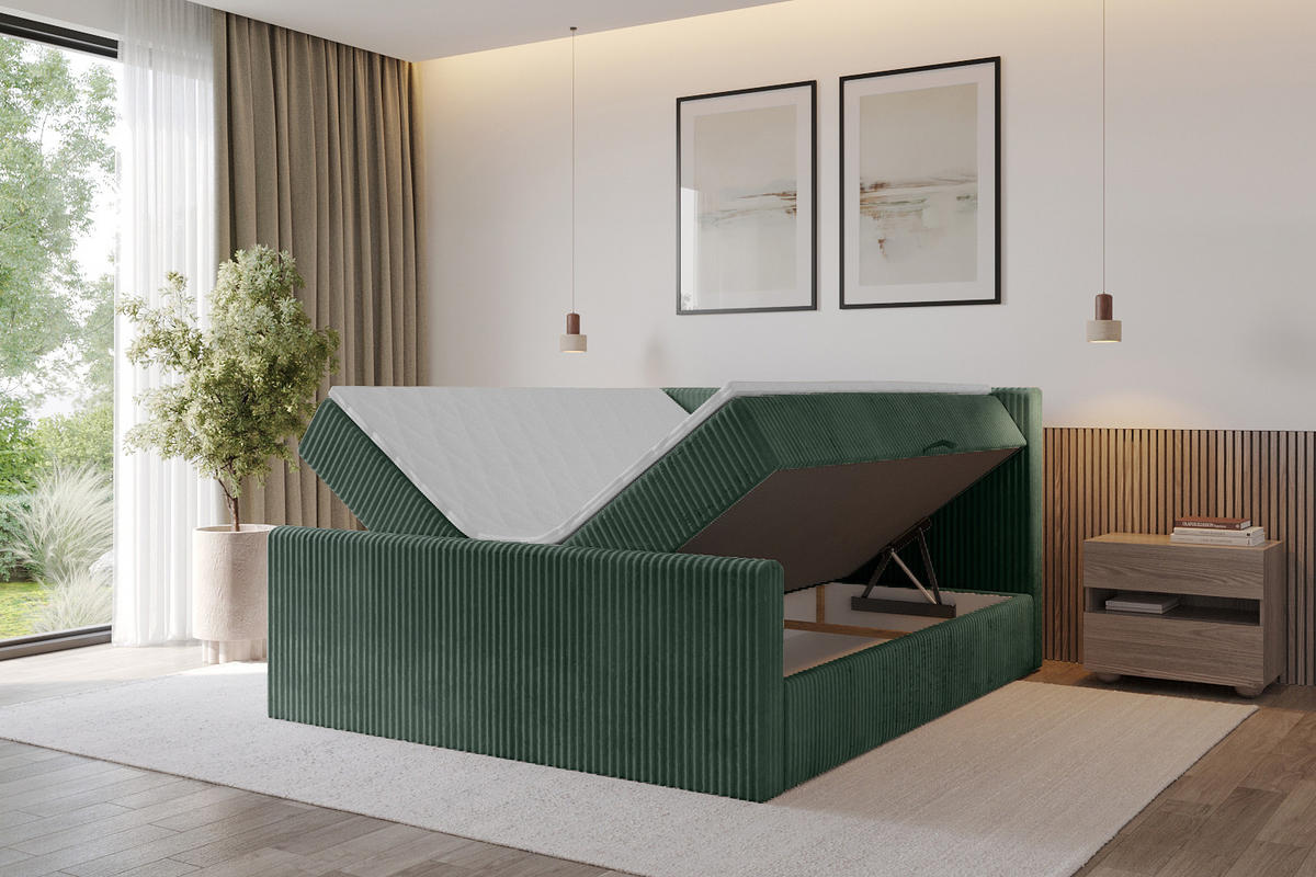 BOXBETT mit Matratze H4 und Lattenrost - TOLO-Z - 140x200 Cord - Dunkelgrün - Dunkelgrün, Holzwerkstoff (140/200cm) - ALTDECOR